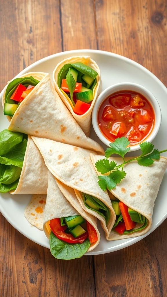A plate of colorful vegetarian tortilla wraps filled with vegetables and served with salsa.